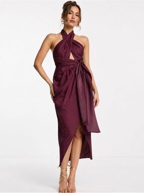 ASOS Burgundy Viscose Halter Midi Dress Twist Front Cutout Wrap Slit Sz 8 trendy